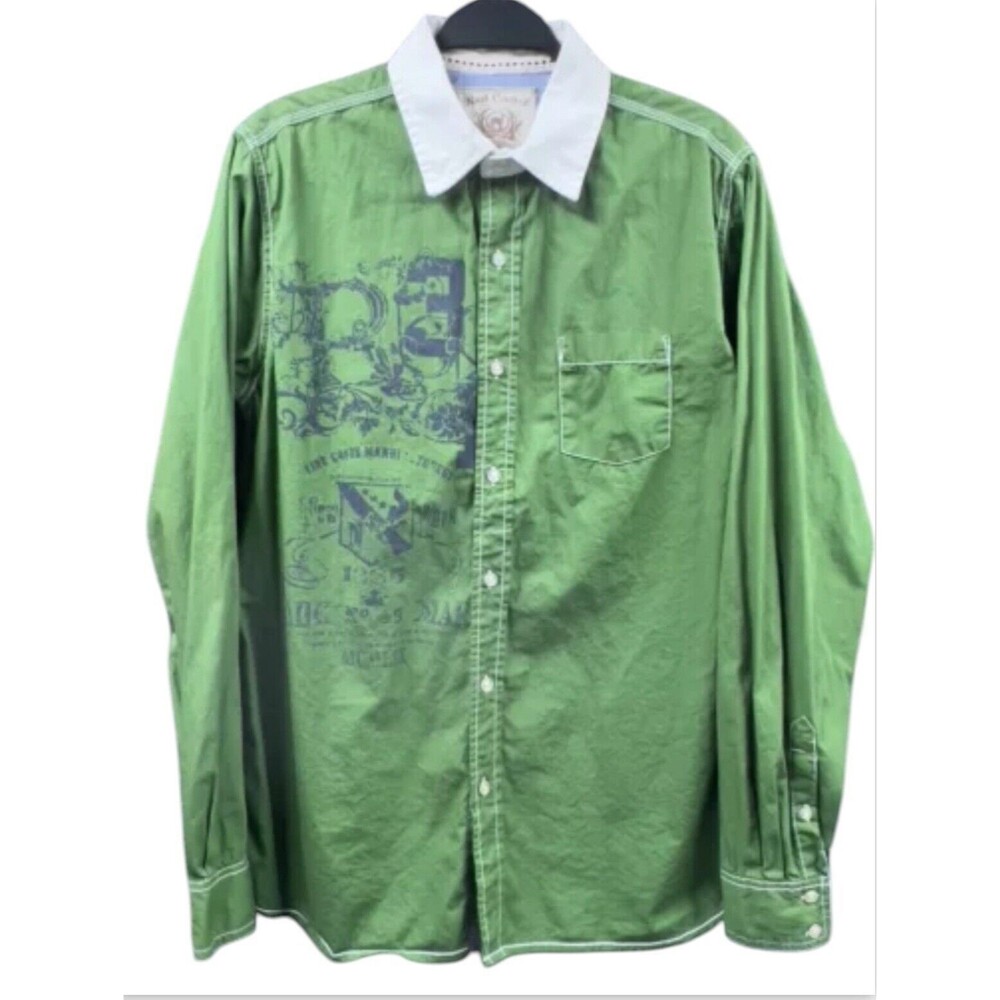 Red Camel Mens Shirt Large Green White LS Button Up Rollup Cuffs India Graphic‎